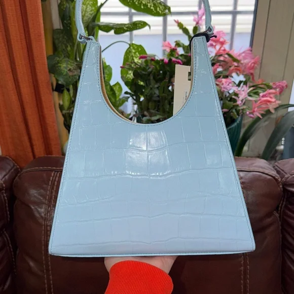 🔥🔥🔥NEW Staud Rey Blue Croc Embossed Leather Shoulder Bag - Picture 9 of 13